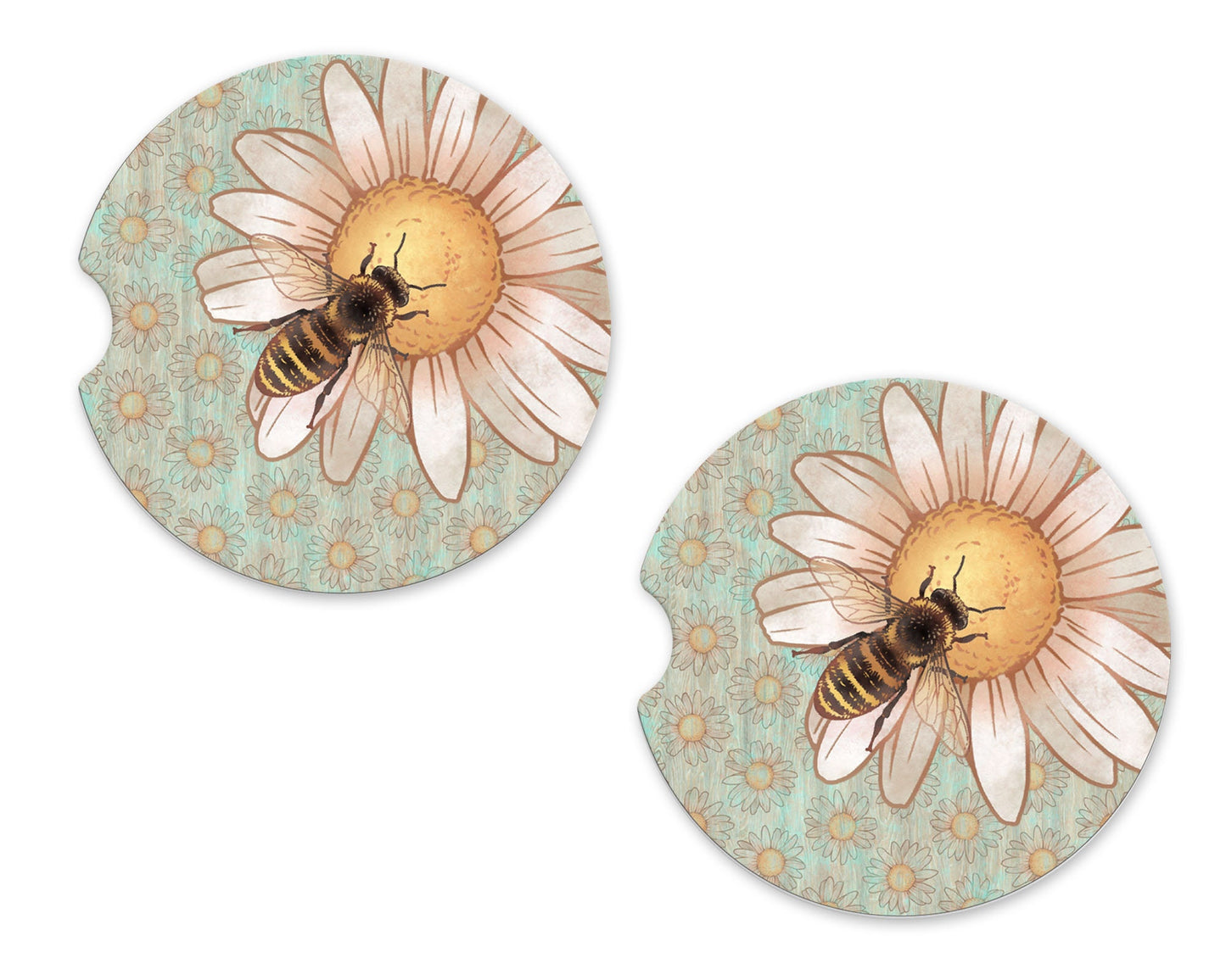 Set of 2 Sage Bee Sandstone Car Coasters