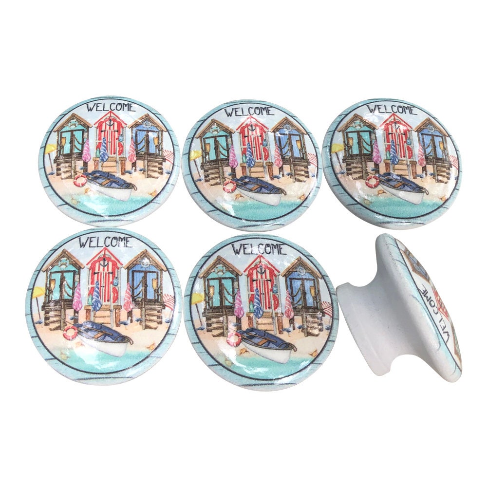 Juego de 6 pomos de madera con estampado de cabaña playera