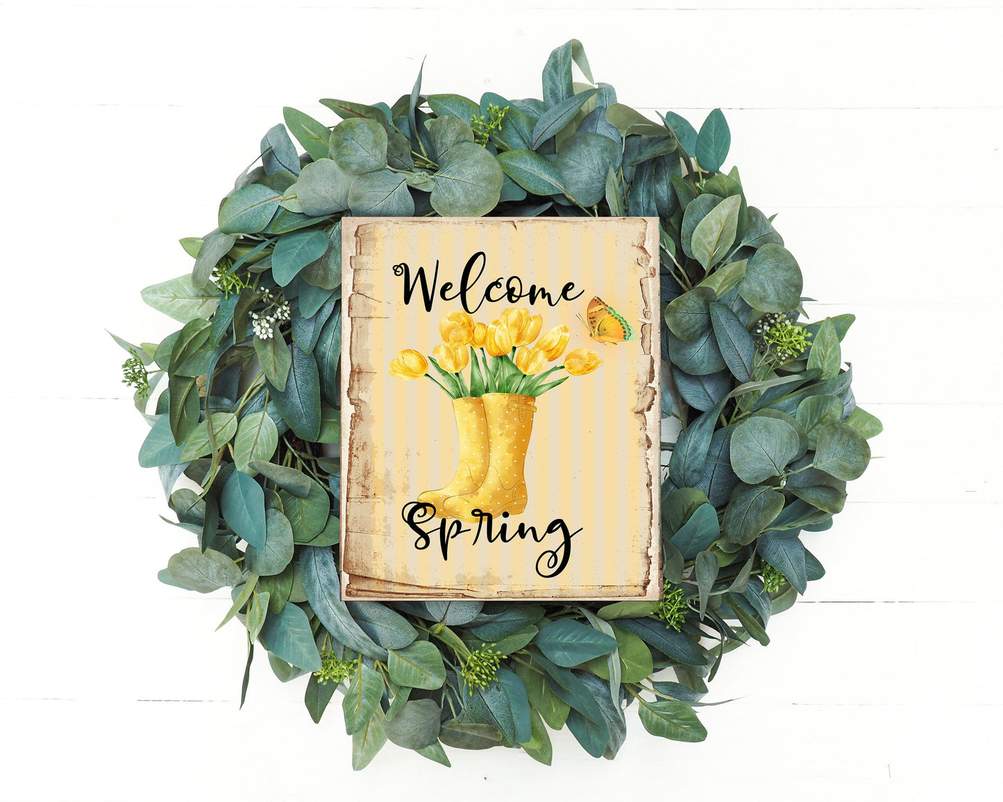 Welcome Spring Yellow Tulips Printed Handmade Wood Sign
