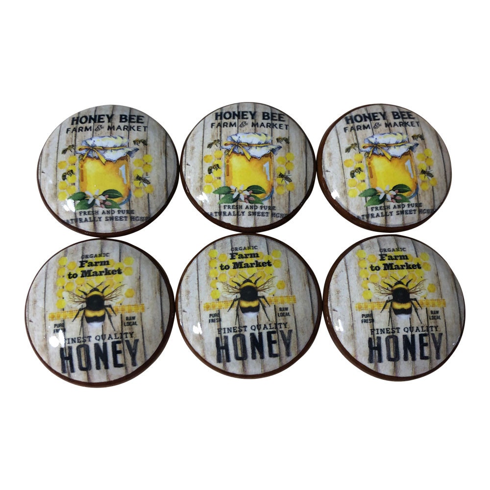 Set of 6 Honey Bee Market Wood Cabinet Knobs