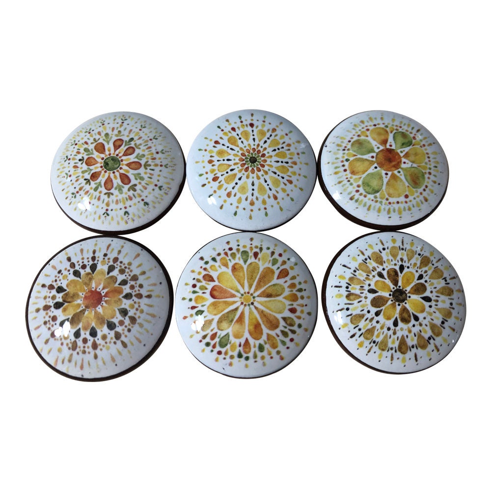 Set of 6 Earth Mandala Wood Cabinet Knobs