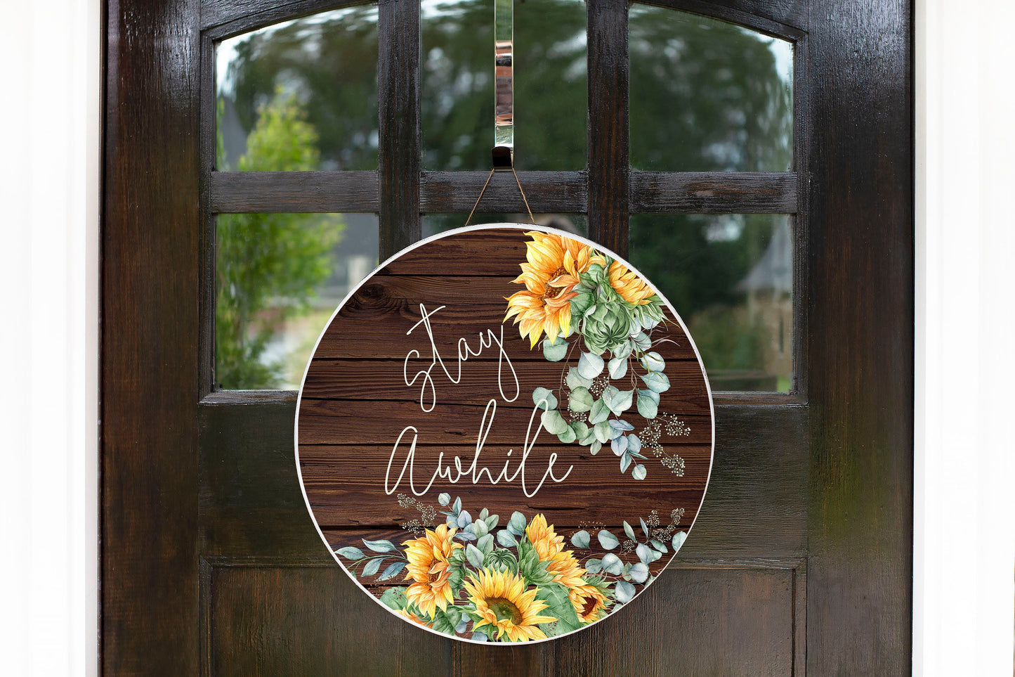 Sunflower Stay Awhile Round Printed Handmade Wood Sign