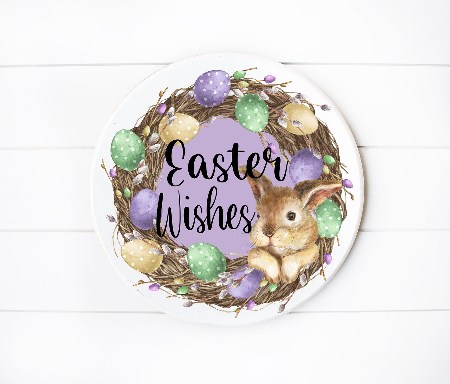 Easter Wishes Wreath Round Printed Handmade Wood Sign