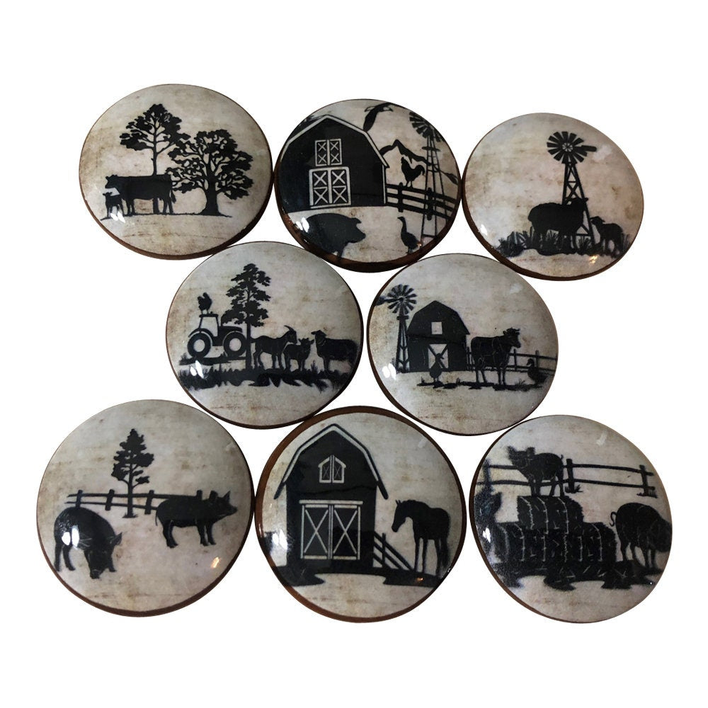 Set of 8 Farm Animal Silhouette Wood Cabinet Knobs