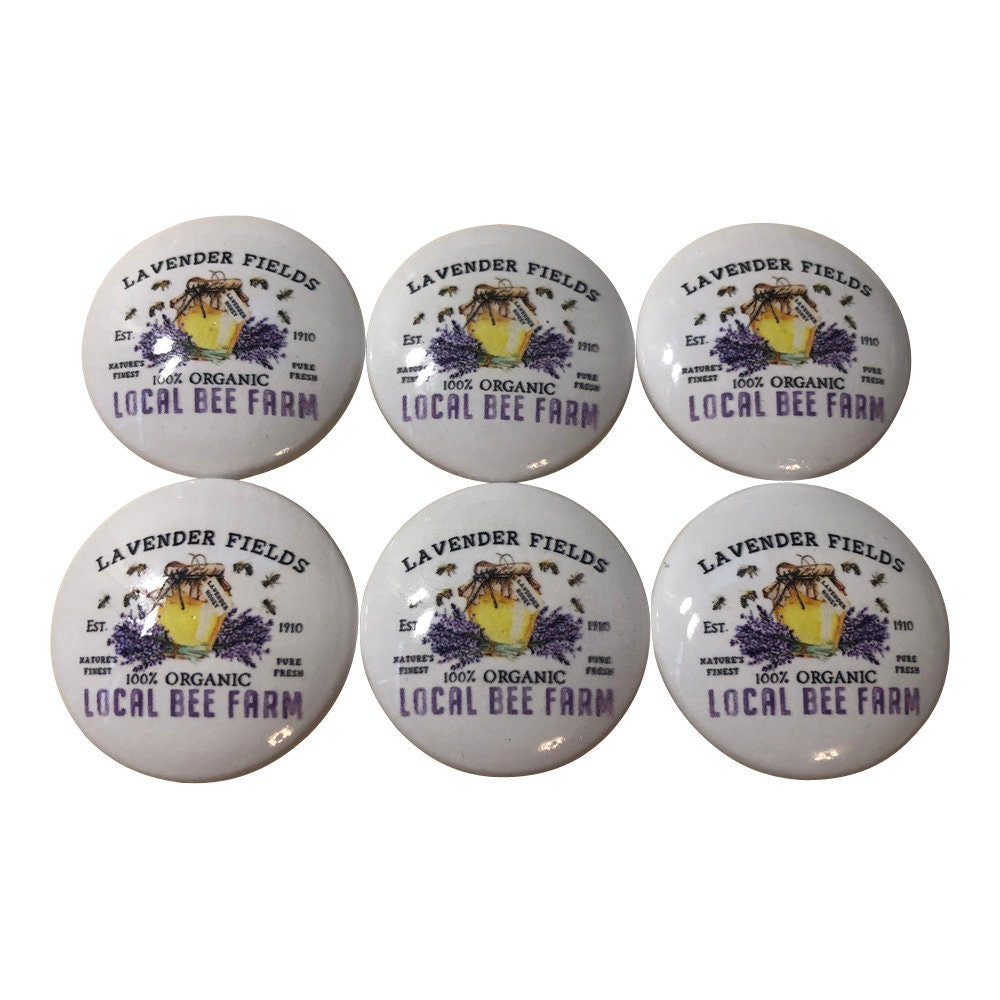 Set of 6 Lavender Honey Print Wood Cabinet Knobs