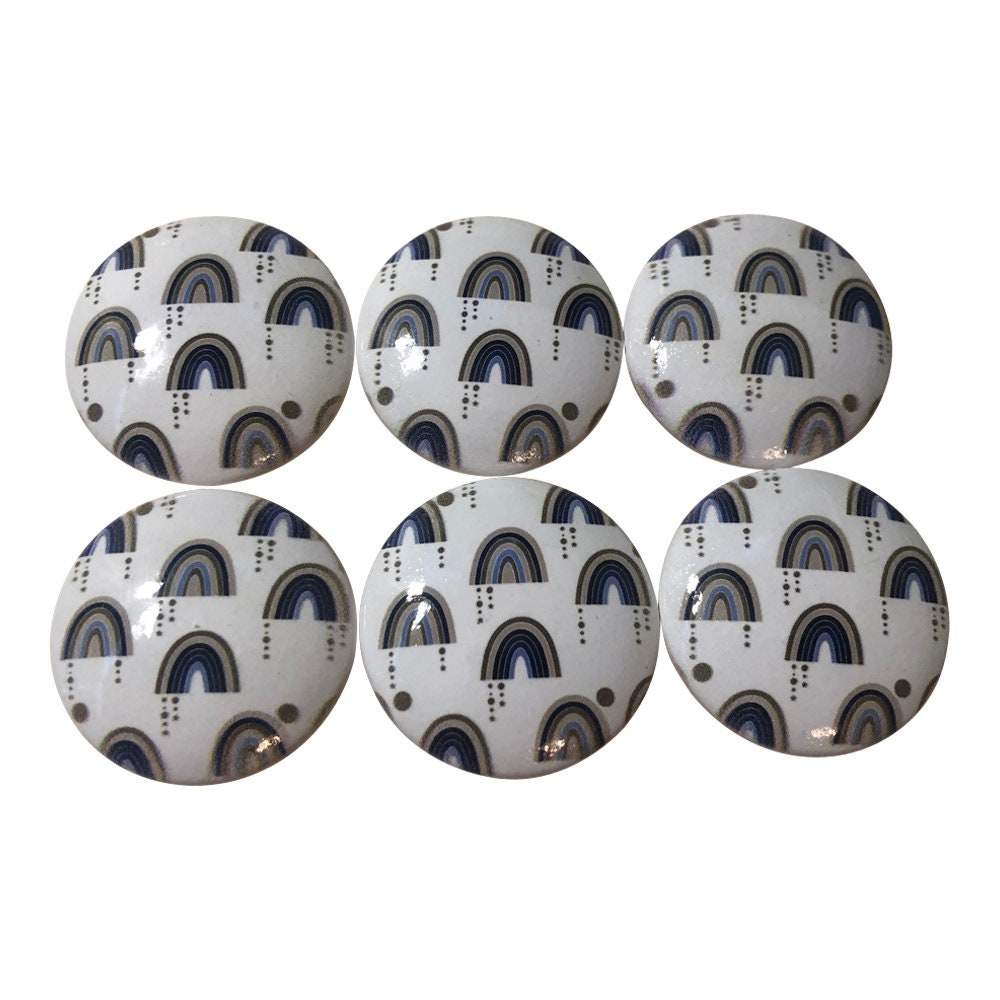 Set of 6 Blue and Tan Rainbow Print Wood Cabinet Knobs