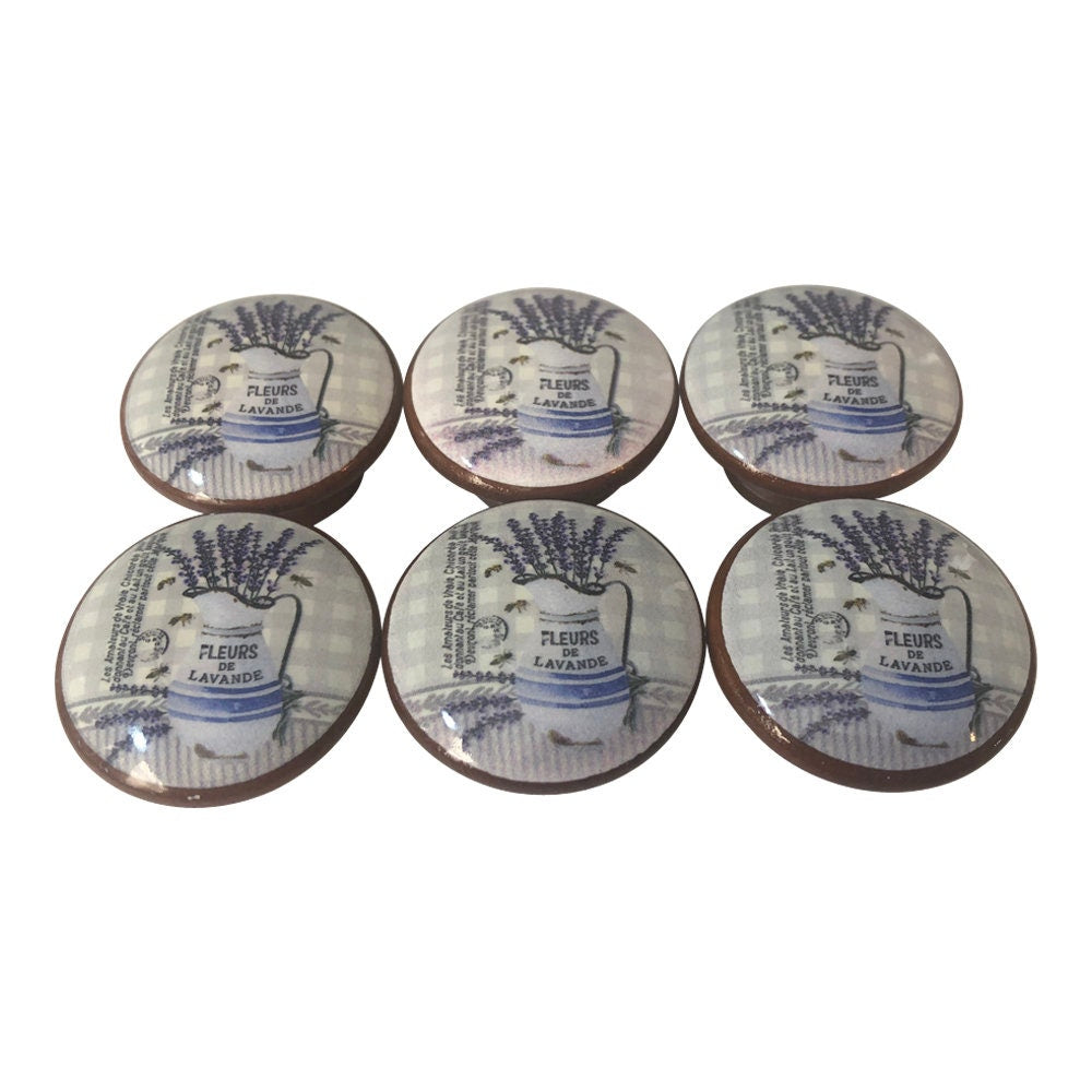 Set of 6 Fleur de Lavender Print Cabinet Knobs