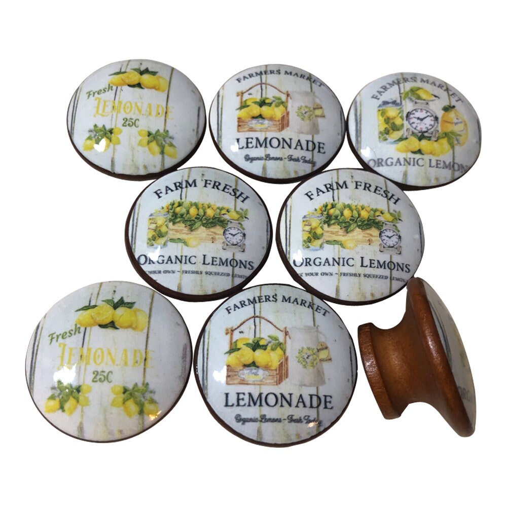 Cabinet Knobs, Drawer Knobs and Pulls, Set of 8 Farm Fresh Lemons Wood Cabinet Knobs, Kitchen Cabinet Knobs, Drawer Pulls,