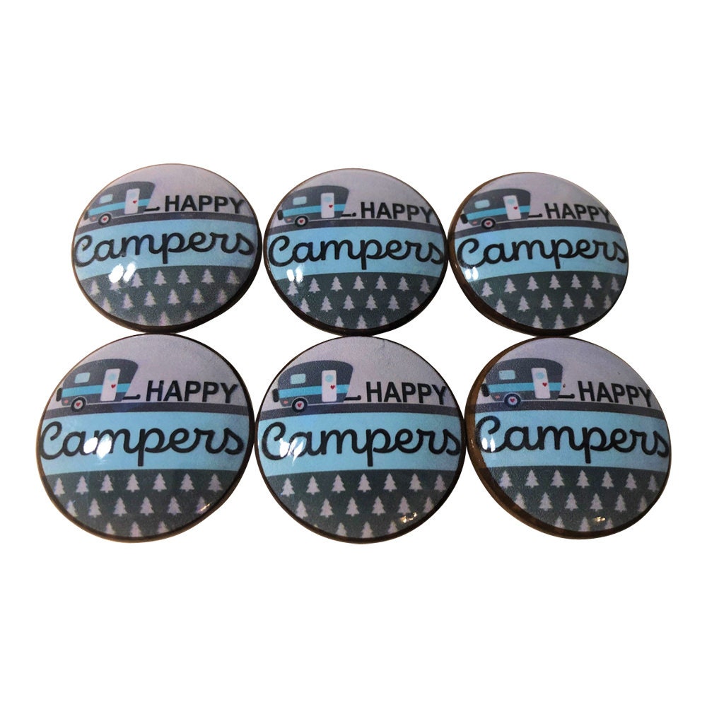 Set of 6 Happy Vintage Campers Print Wood Cabinet Knobs