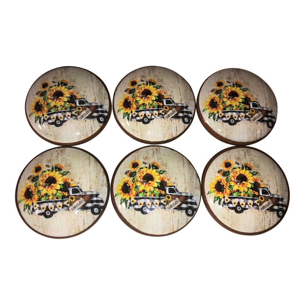 Set of 6 Black Plaid Sunflower Truck Print Wood Cabinet Knobs