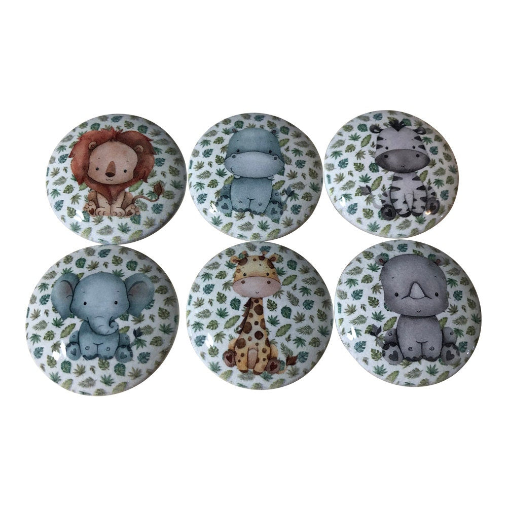 Set of 6 Safari Animals and Palm Leaves Wood Cabinet Knobs