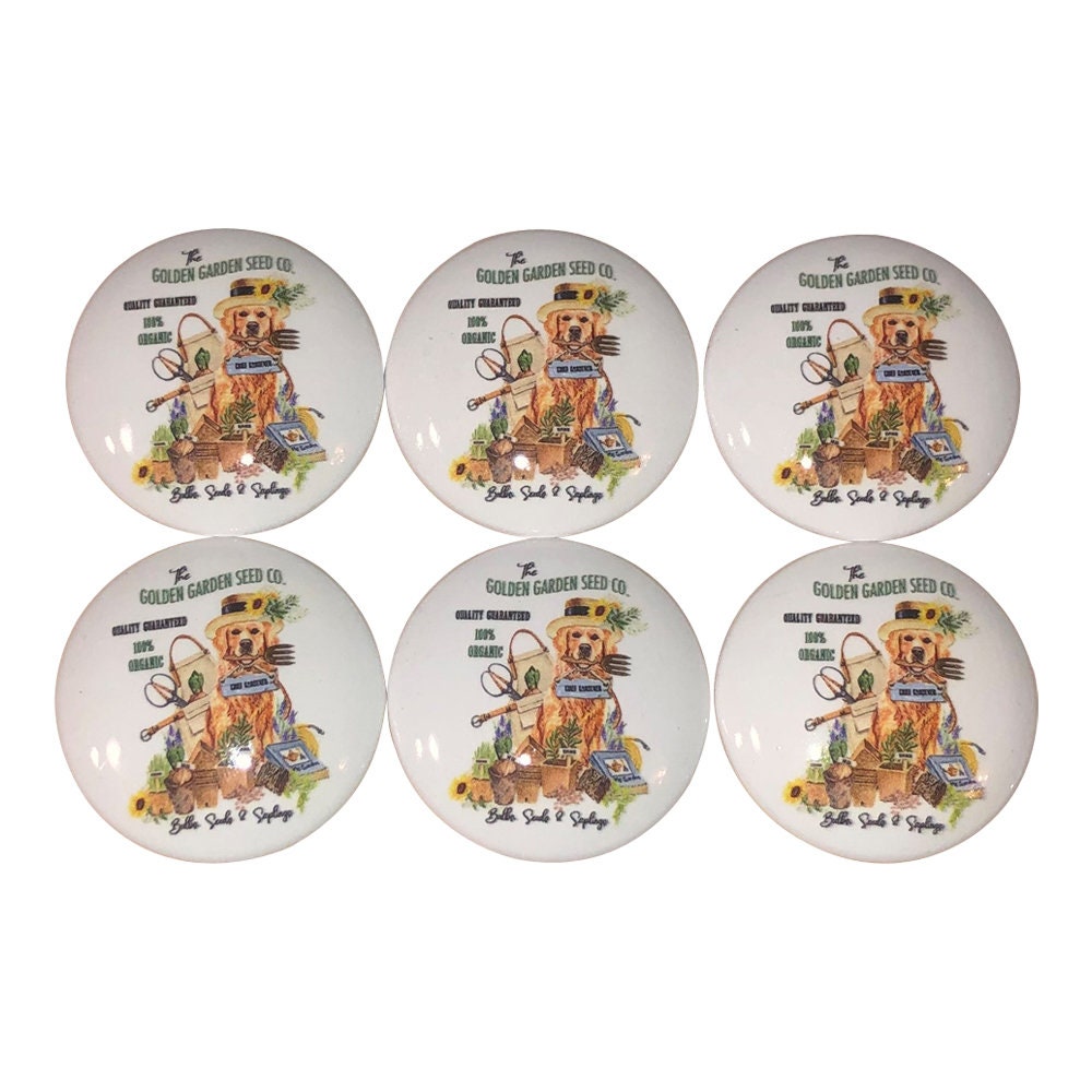 Set of 6 Golden Garden Seed Print Wood Cabinet Knobs
