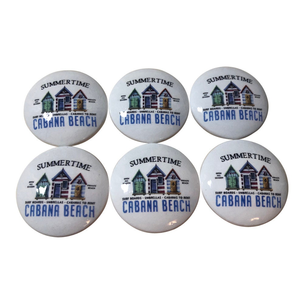 Set of 6 Summertime Cabana Beach Print Wood Cabinet Knobs