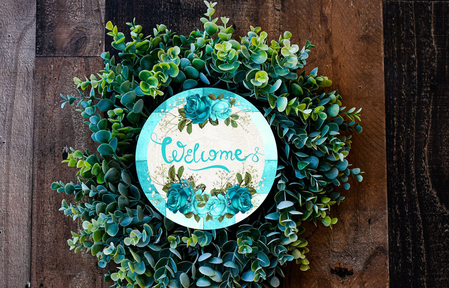 Teal Roses Welcome Round Printed Handmade Wood Sign