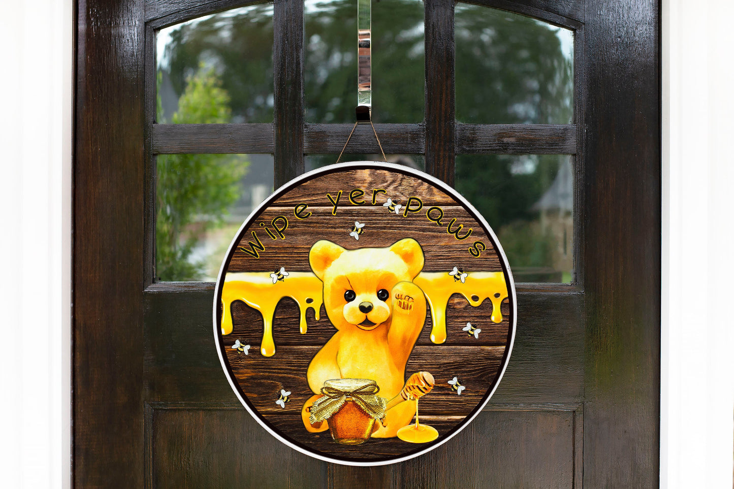 Wipe Your Paws Honey Bear Round Printed Handmade Wood Sign