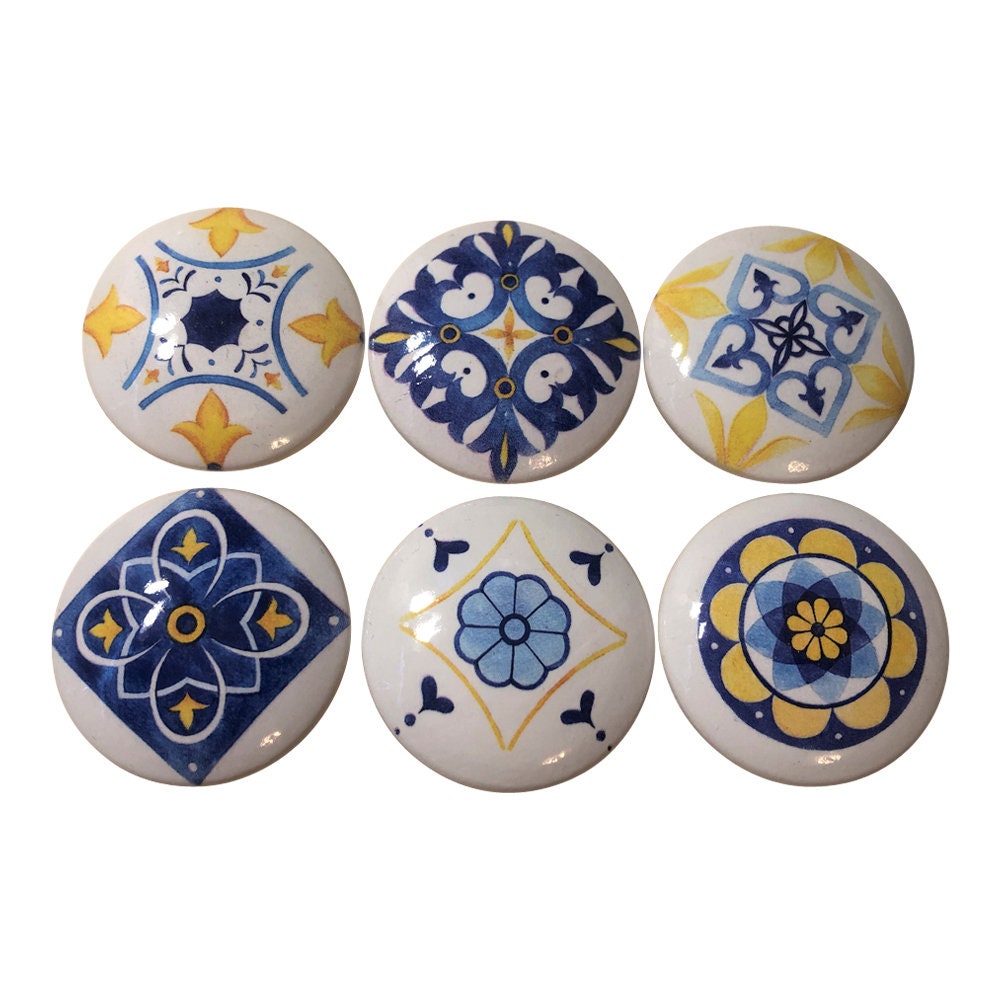 Set of 6 Lemon Blues Print Wood Cabinet Knobs