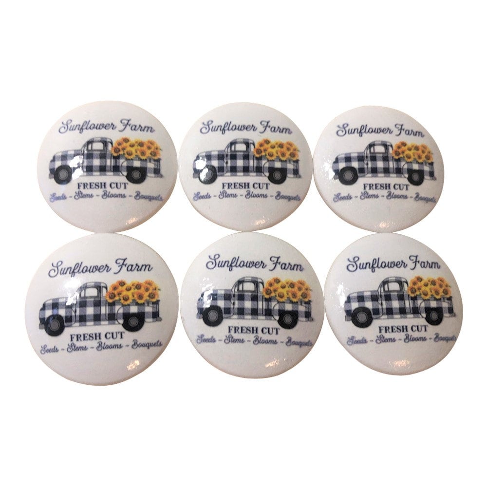 Juego de 6 pomos de madera con estampado de camión de girasoles a cuadros azules