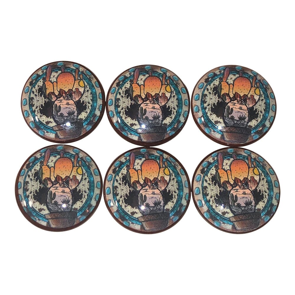 Juego de 6 pomos de gabinete de madera con estampado de cactus occidental