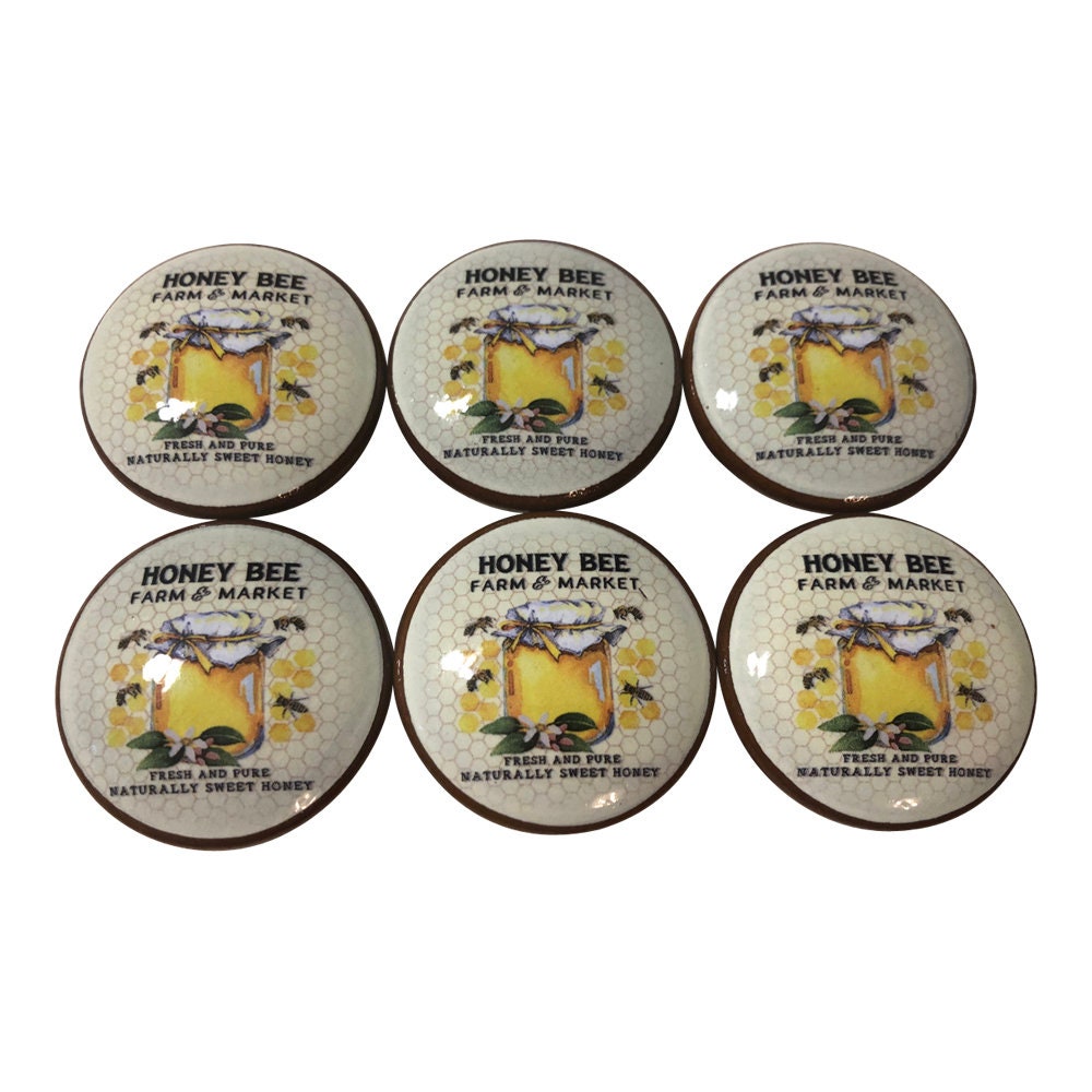 Set of 6 Farm to Market Honey Print Wood Cabinet Knobs