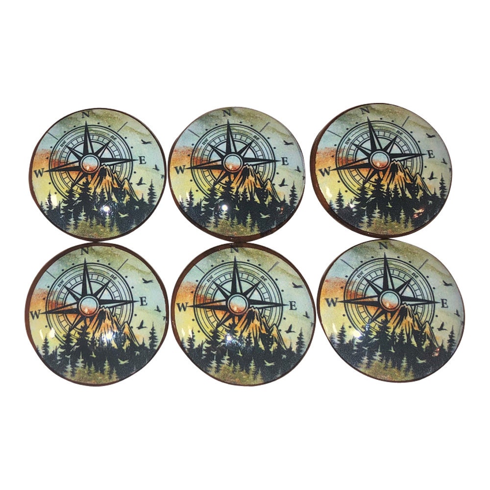 Set of 6 Mountain Compass Print Wood Cabinet Knobs