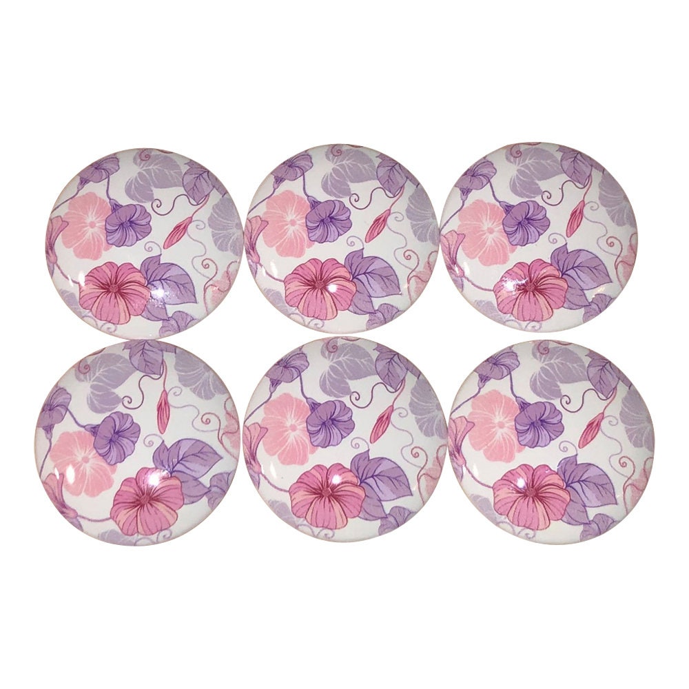 Juego de 6 pomos de madera con estampado floral rosa y morado Amanda