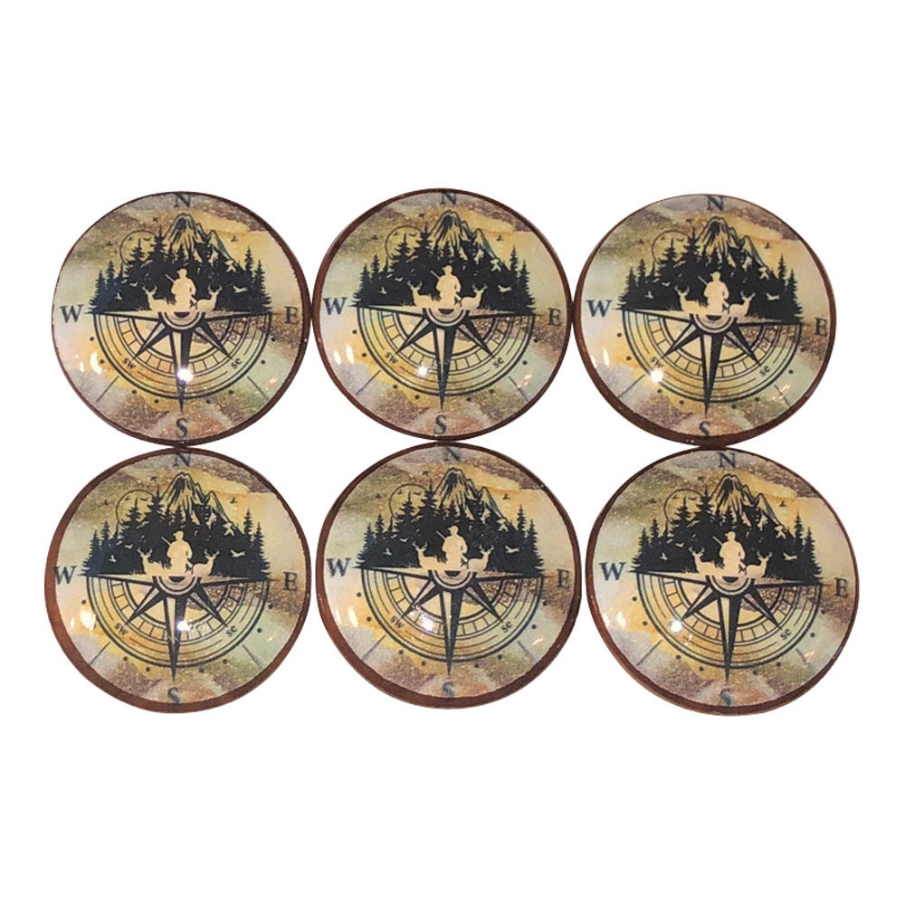 Set of 6 Deer Hunting Compass Print Wood Cabinet Knobs