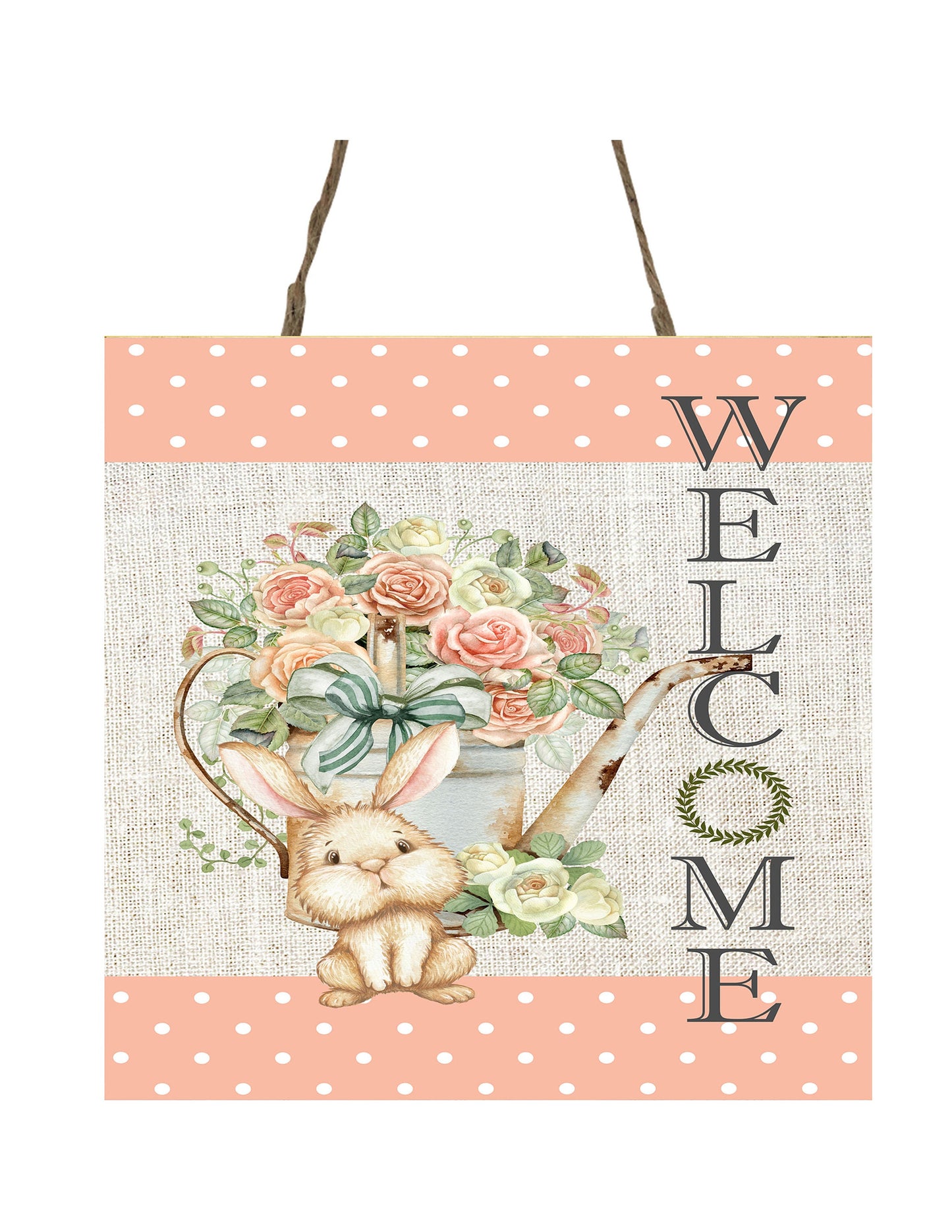 Peach Bunny Welcome Printed Handmade Wood Mini Sign