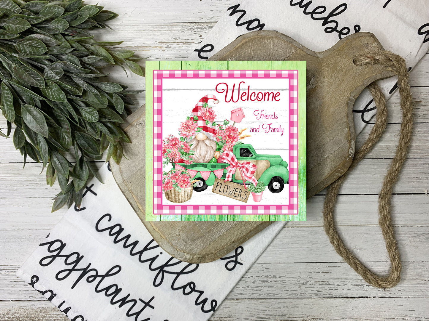 Welcome Friends and Family Gnome Printed Handmade Wood Mini Sign