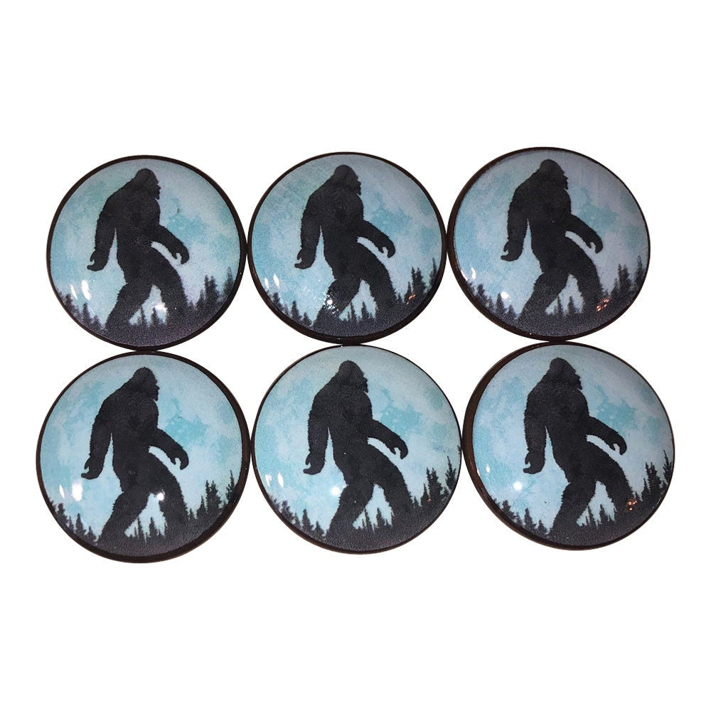 Set of 6 Sasquatch on the Moon Print Wood Cabinet Knobs