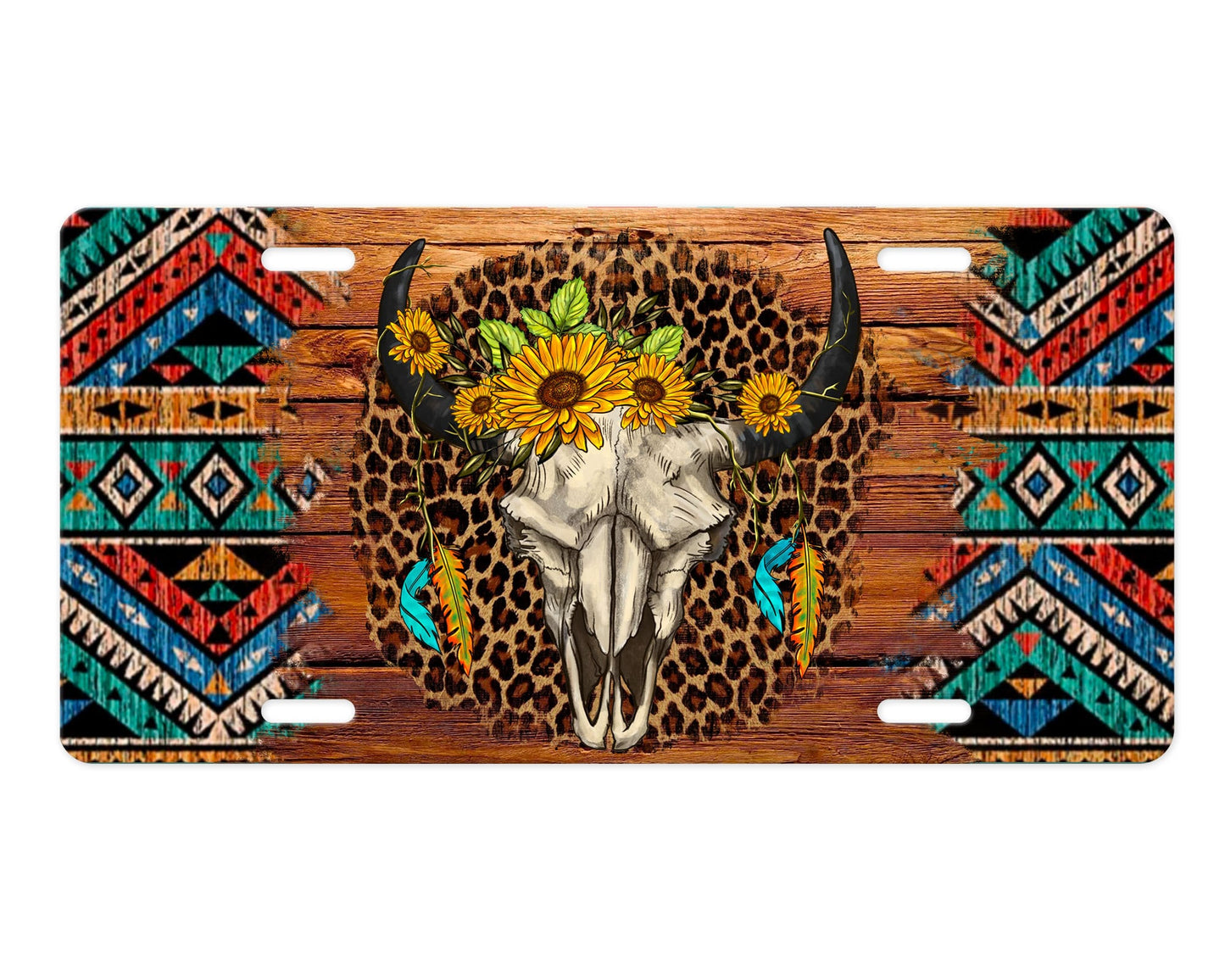 Western Aztec Bull Skull Aluminum Front License Plate
