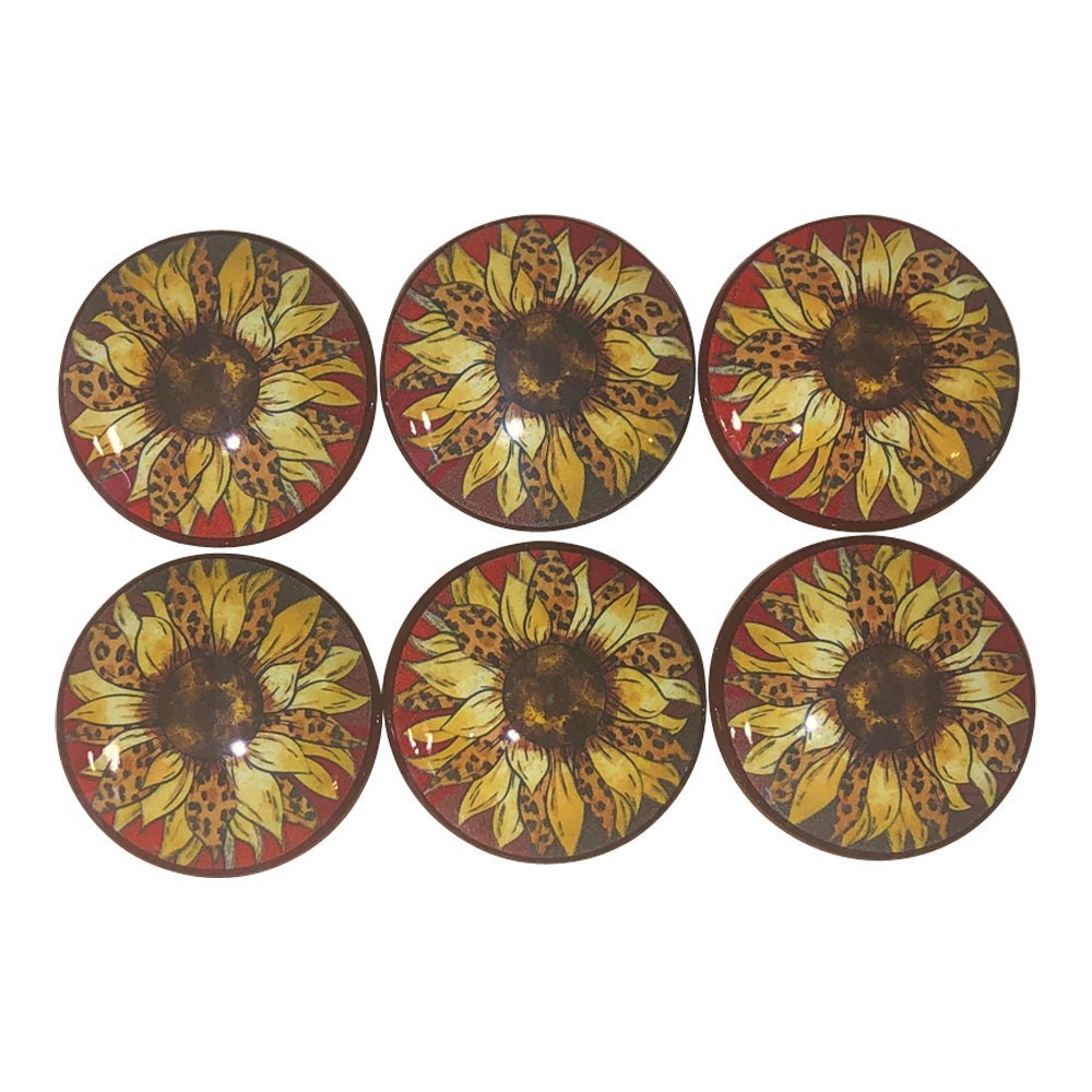 Juego de 6 pomos para gabinete de madera con estampado de leopardo y girasol