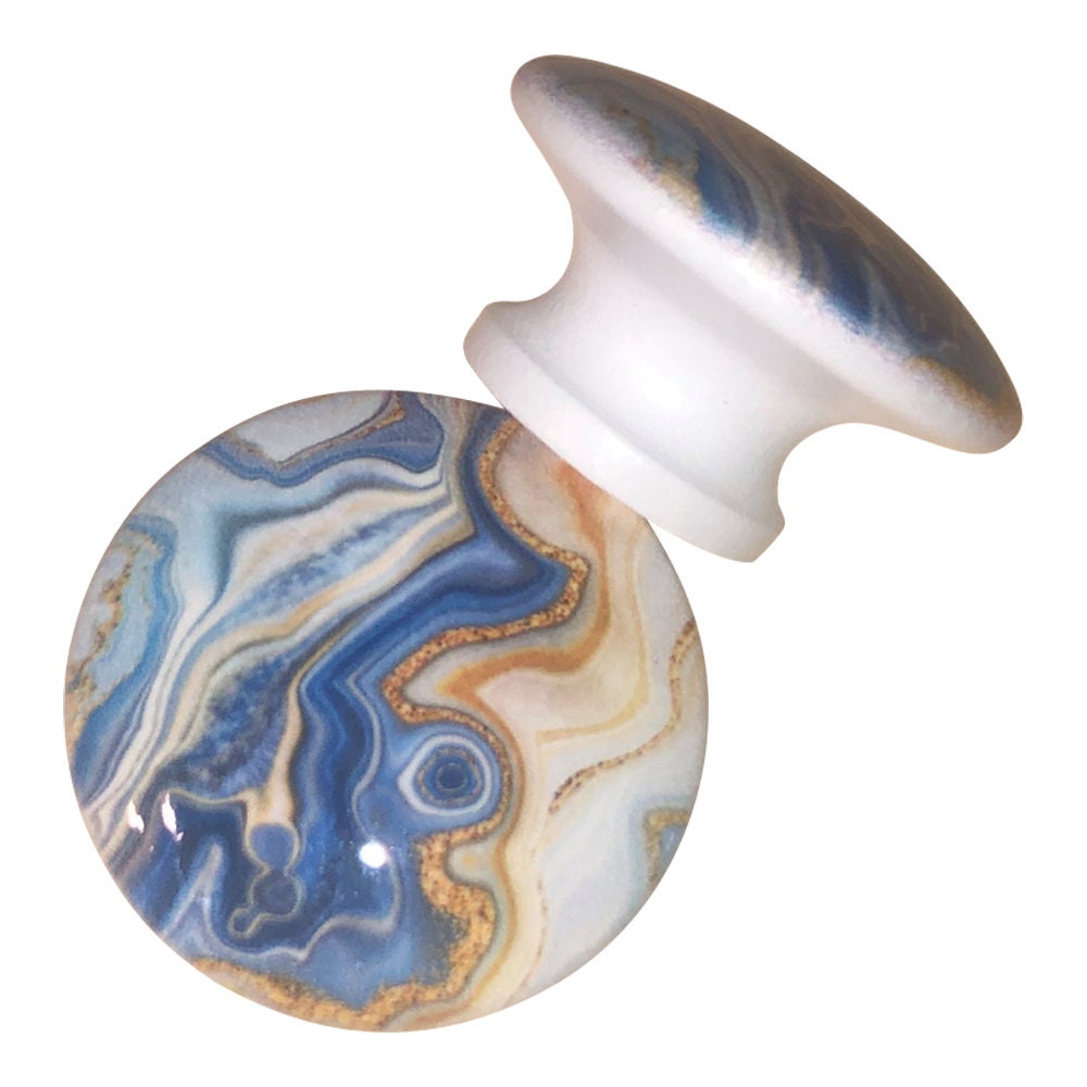 Cabinet and Drawer Knobs, Set of 6 Blue River Waves Print Cabinet Knobs, Wood Knobs, Kitchen Cabinet Knobs