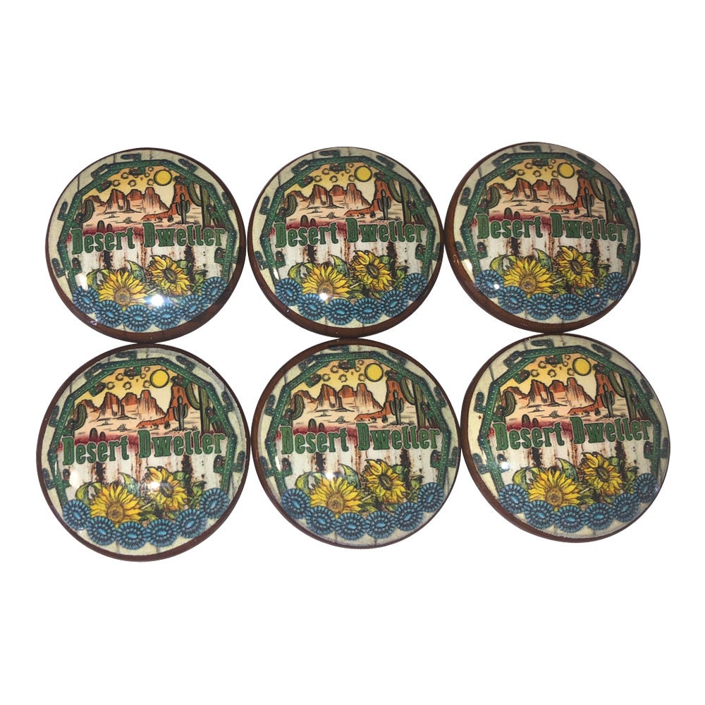 Set of 6 Desert Dweller Print Wood Cabinet Knobs