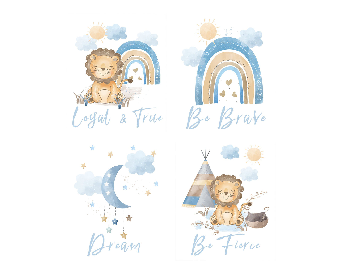 Set of 4 8x10 Lions and Rainbows in Blue Nursery Wall Art Canvas Prints