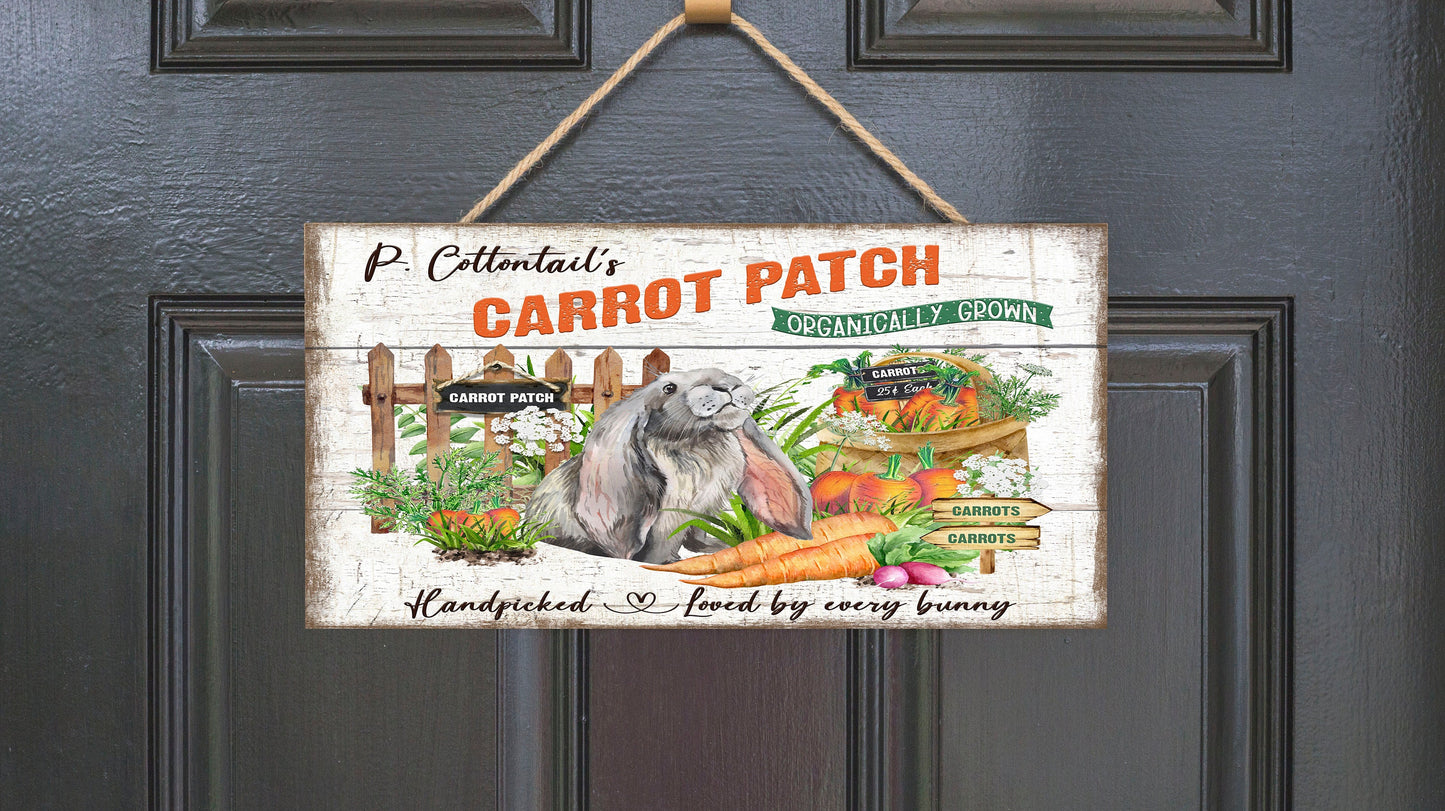 Signo de madera hecho a mano impreso con parche de zanahoria