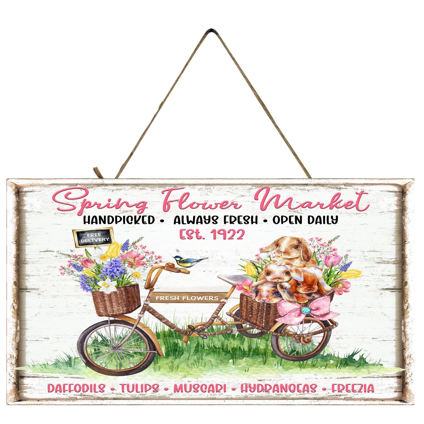Cartel de madera hecho a mano impreso con bicicleta del mercado de flores de primavera