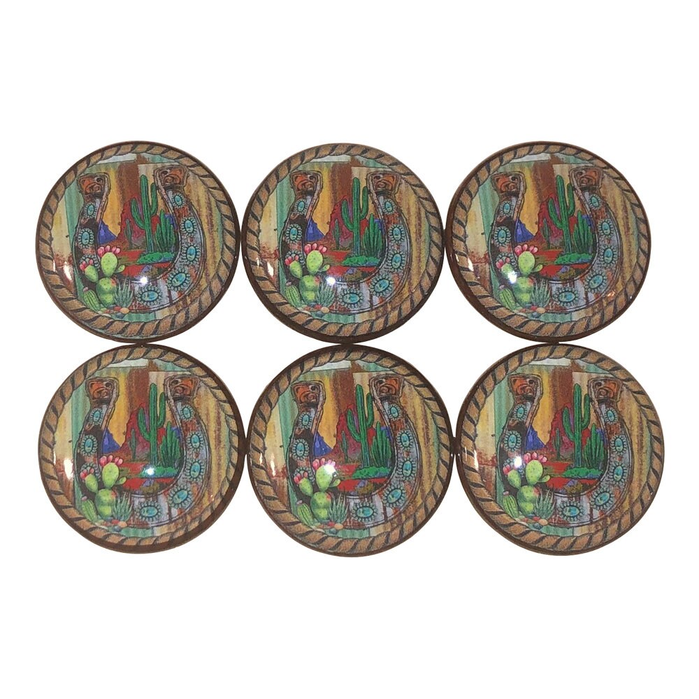 Set of 6 Horseshoe Cactus Print Wood Cabinet Knobs