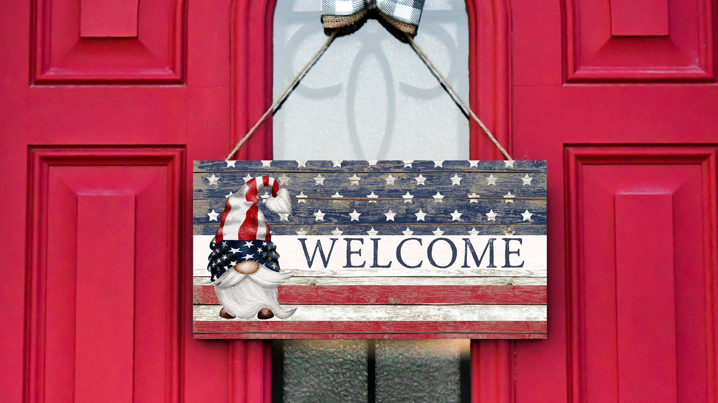 Welcome Gnome American Flag Printed Handmade Wood Sign