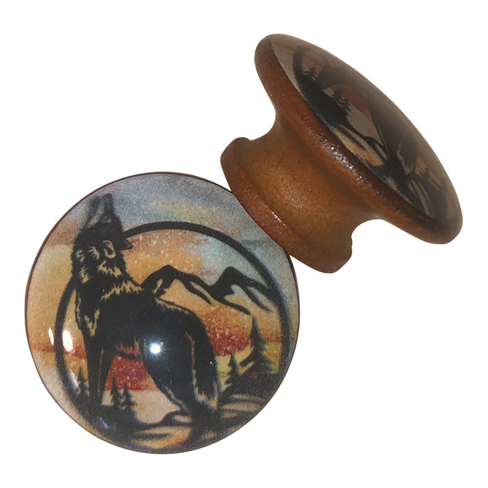Juego de 6 pomos de madera para armario con diseño de lobo aullador