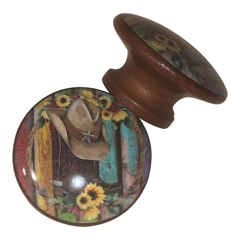 Set of 6 Cowboy Boots Hat and Sunflowers Wood Cabinet Knobs
