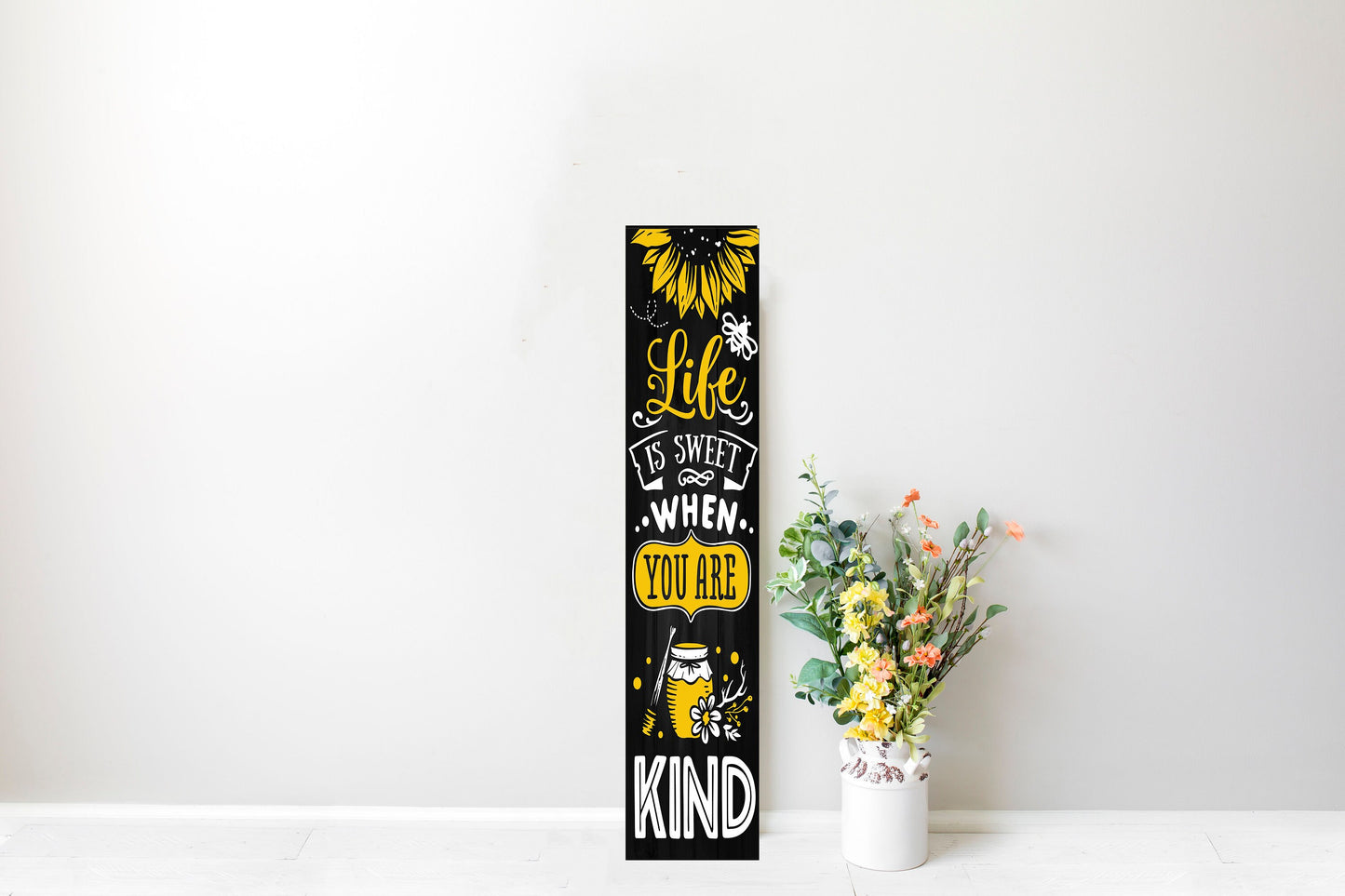24 Inch (2 Foot Tall) Black or White Sunflower Life is Sweet Vertical Wood Print Sign