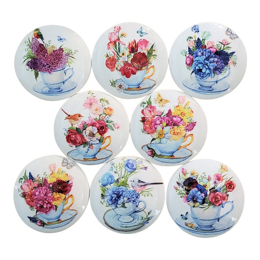 Set of 8 Flowers in Teacups  Wood Cabinet Knobs