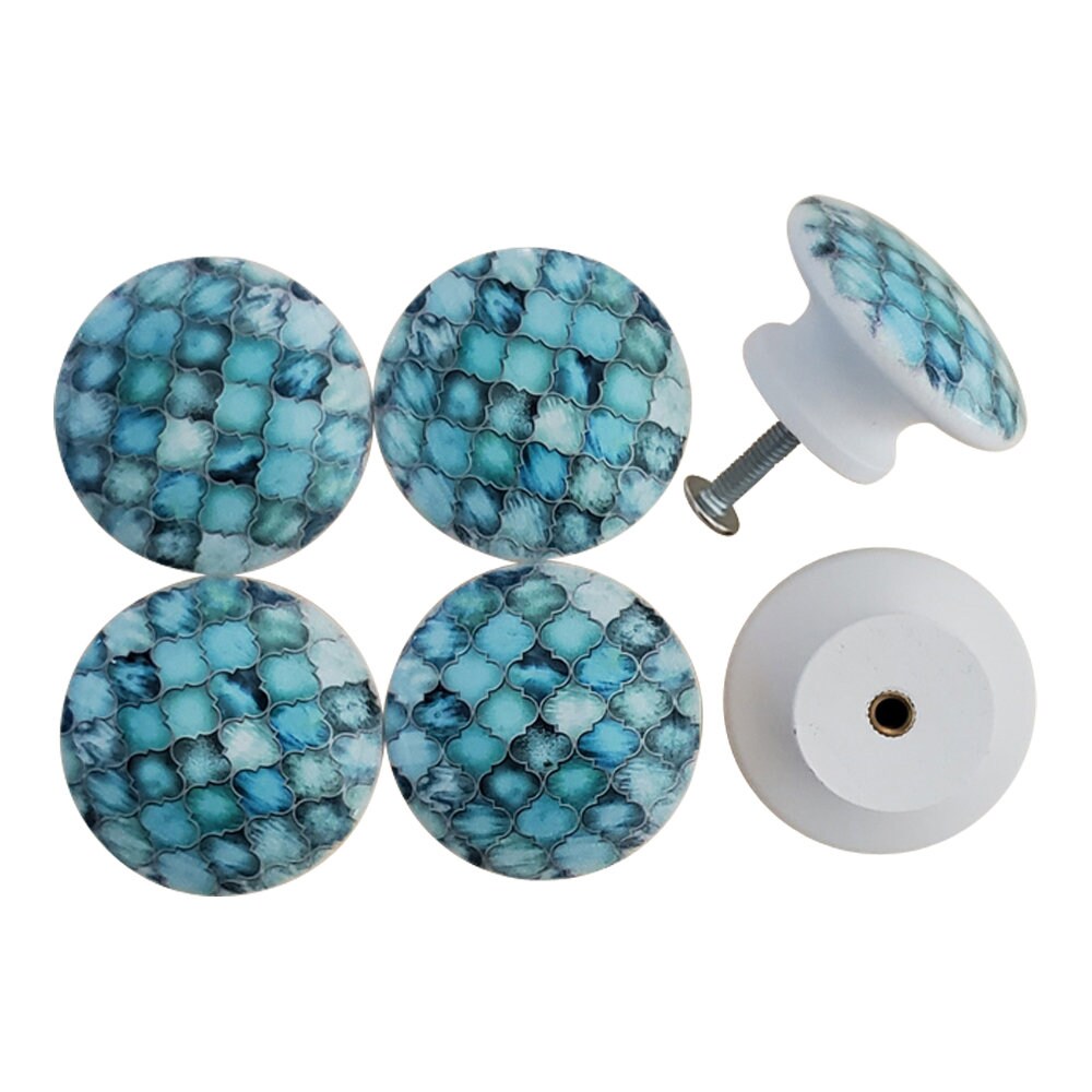 Set of 6 Teal Moroccan Wood Cabinet Knobs