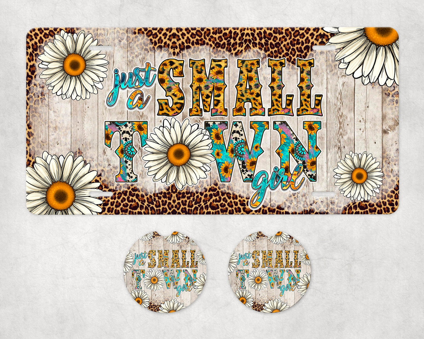 Daisy Just a Small Town Girl Aluminum Front License Plate and Car Coaster Set
