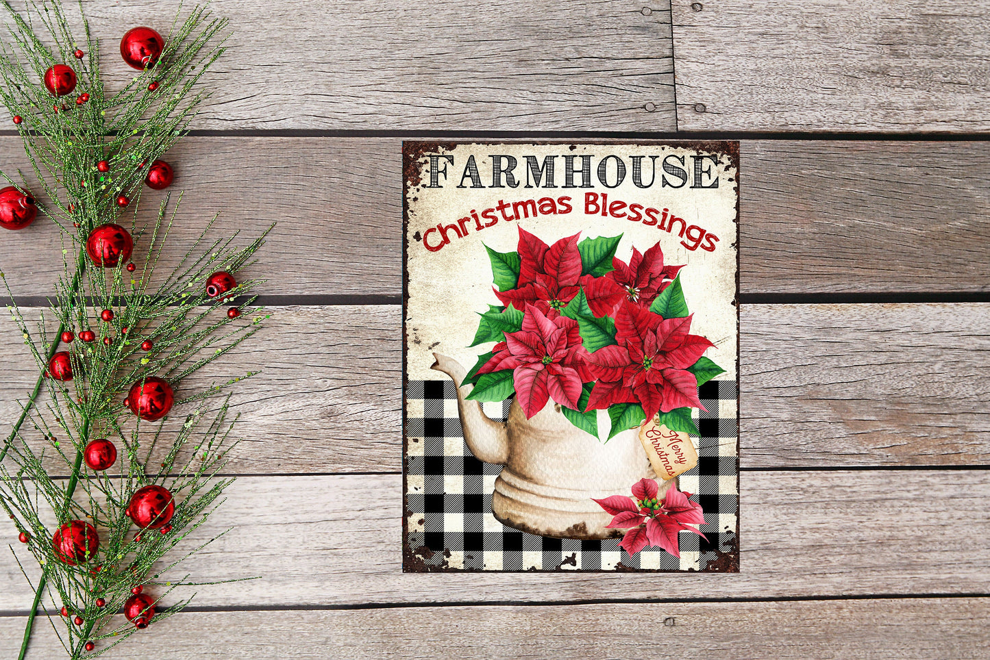 Red Poinsettia Christmas Blessings Printed Handmade Wood Sign