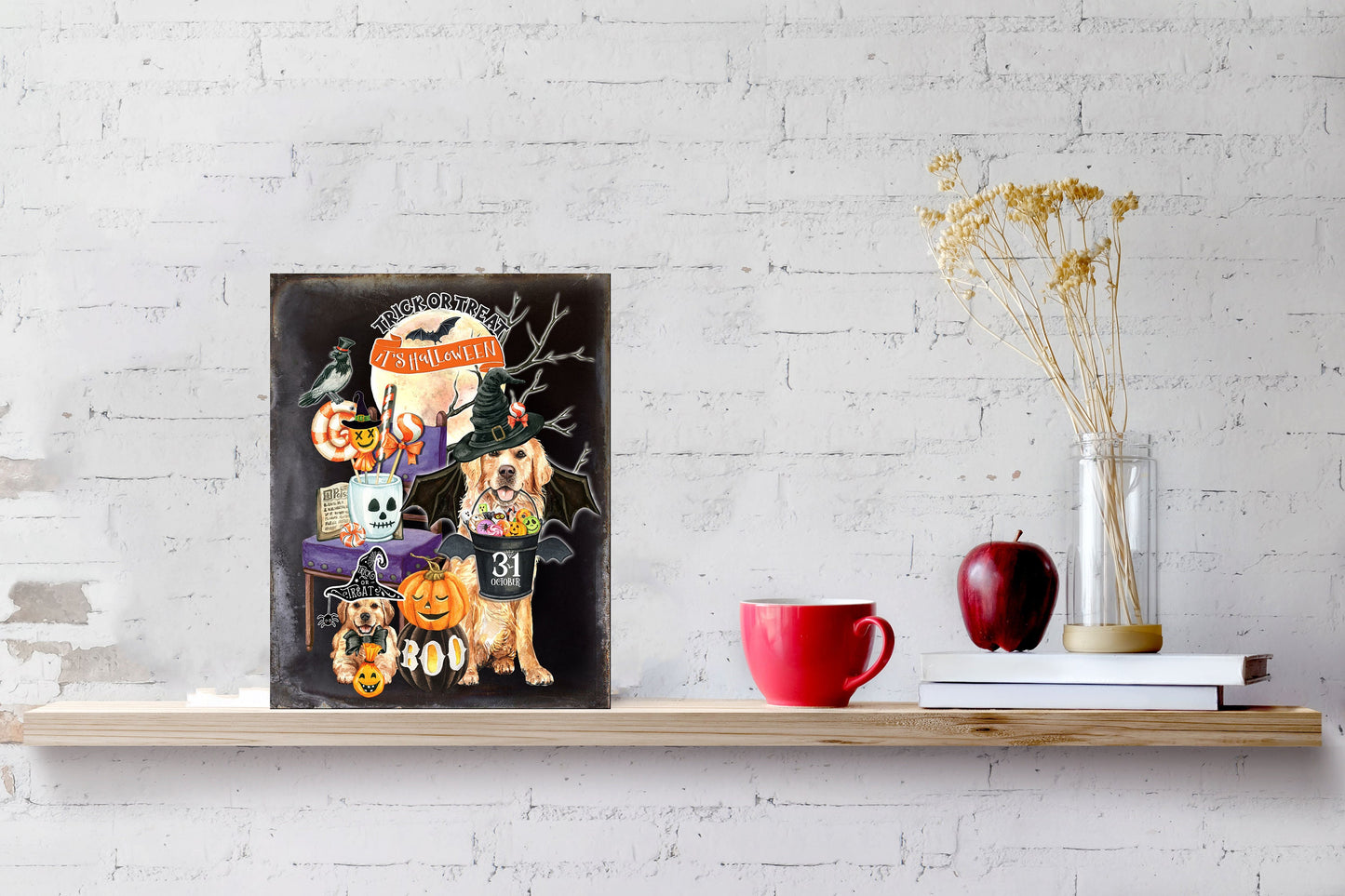 Letrero de madera hecho a mano impreso con mascotas de Halloween