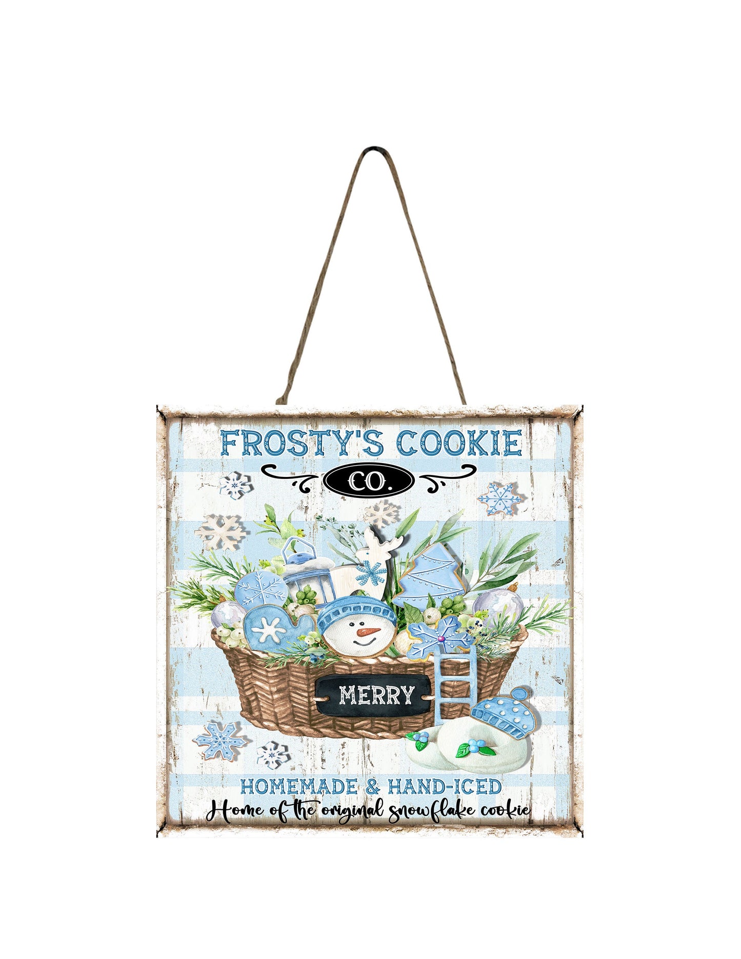 Frosty's Cookie Co - Mini letrero de adorno navideño de madera hecho a mano con estampado navideño