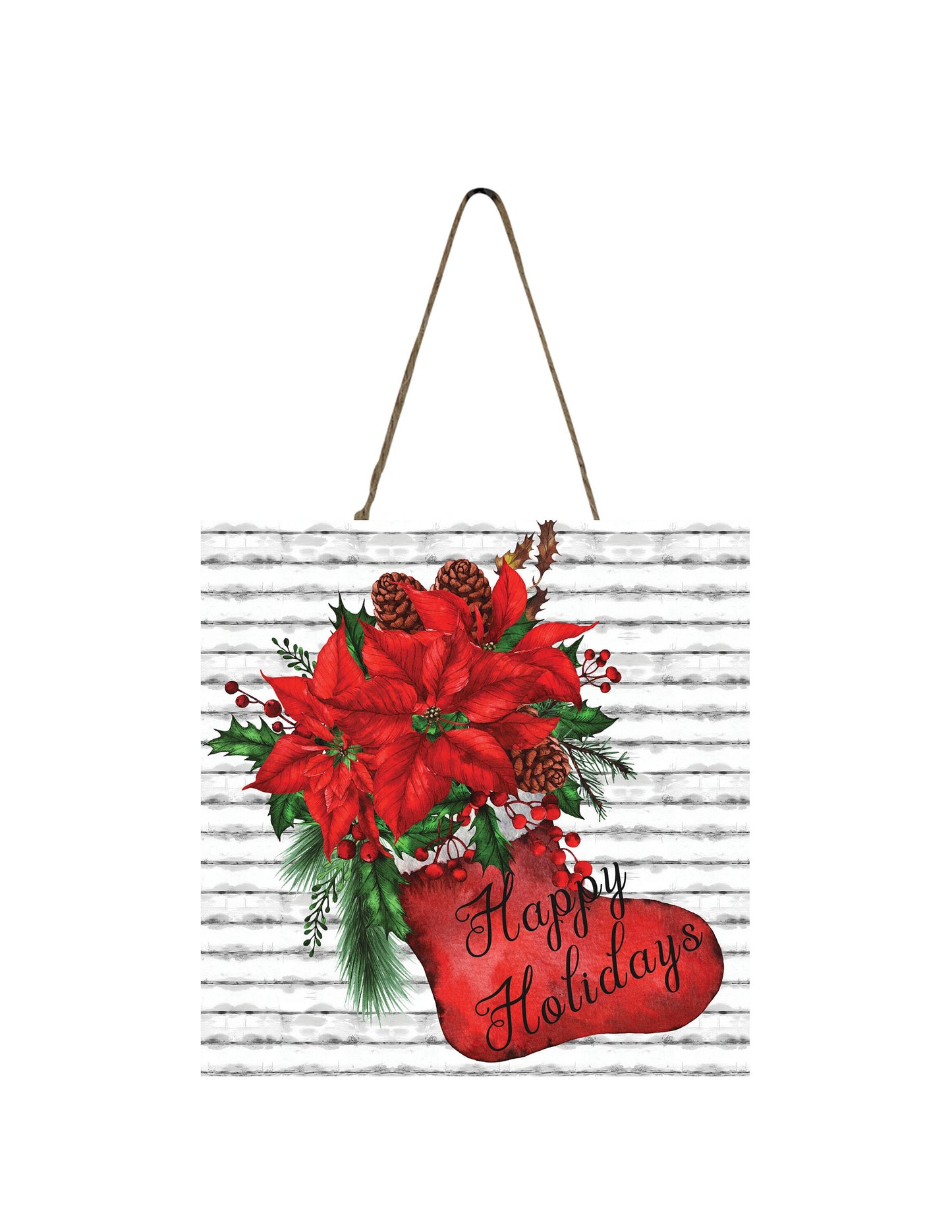 Felices fiestas, calcetín rojo, adorno navideño de madera hecho a mano impreso, Mini letrero