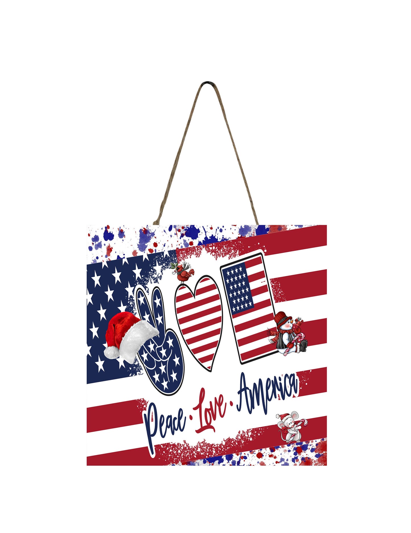 Peace Love America Patriotic Christmas Printed Handmade Wood Christmas Ornament Mini Sign