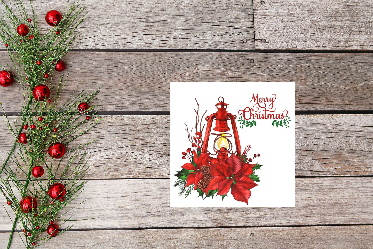 Red Poinsettia Lantern Christmas Printed Handmade Wood Christmas Ornament Mini Sign